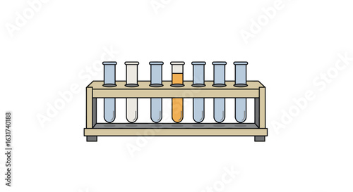 Laboratory scene featuring a test tube rack with various colored liquids, showcasing a scientific experiment