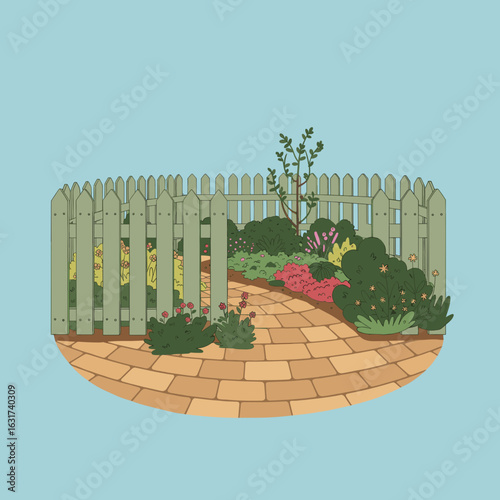 Serene garden scene with vibrant flowers and a winding path enclosed by a fence