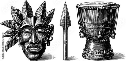 Vintage hand drawn engraving of african mask, spear, and drum for cultural design