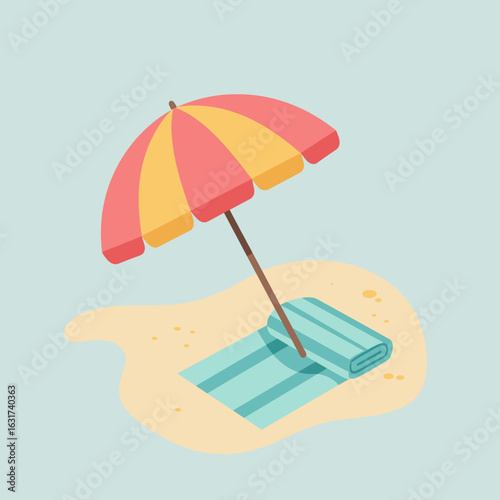 Colorful beach umbrella shading a lounge chair on a sunny day by the sea