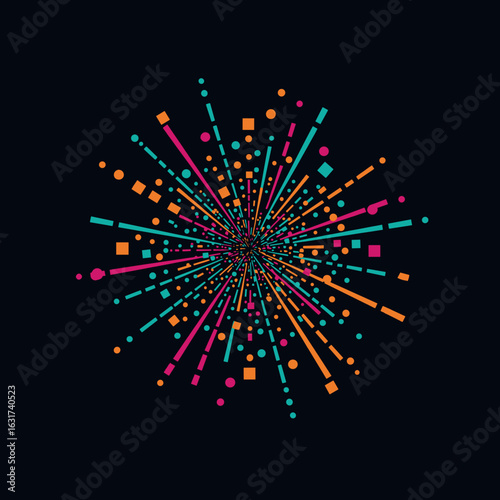 Colorful abstract explosion of shapes and lines against a dark background