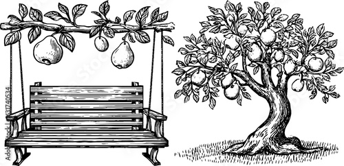 Vintage engraved illustration of apple tree and swing for retro design