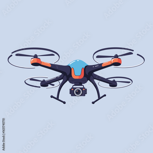 A vibrant drone equipped with a camera flying against a soft blue background