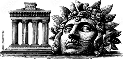 Vintage aztec mask and ancient temple sketch - intricate engraved art for retro designs