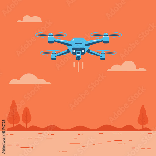 A vibrant illustration of a blue drone flying against an orange sky with clouds