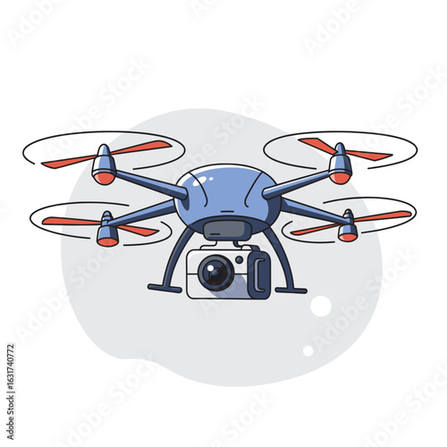 A colorful drone with a camera hovering in the air, capturing aerial views of nature