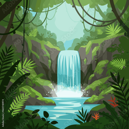 Serene waterfall cascading through lush jungle foliage, with vibrant greenery surrounding it
