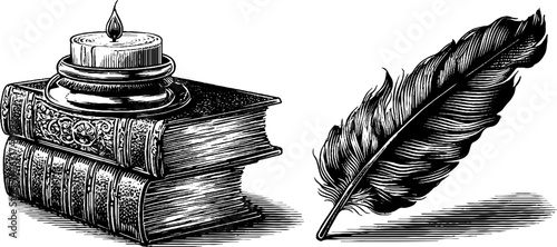 Vintage engraved illustration set of book, candle, and quill for retro design