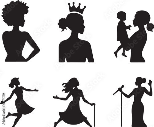 Diverse women silhouettes represent strength, motherhood, dance, and performance.