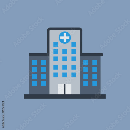 Modern hospital building with a medical cross symbol against a blue background