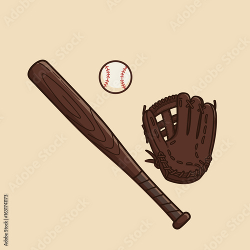 A baseball bat and glove poised for action, with a baseball in mid-air, set against a neutral background