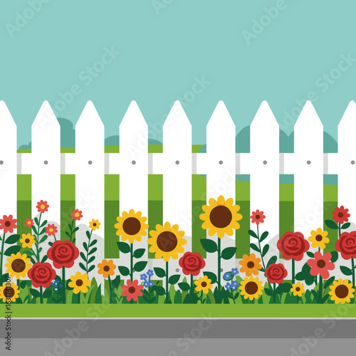 Bright and cheerful garden scene with a white picket fence and colorful flowers