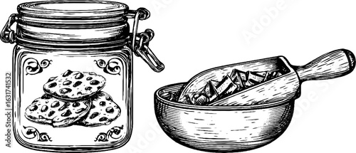 Vintage cookie jar and chocolate scoop engraving for retro kitchen design