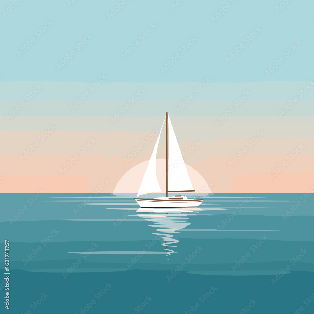 Fototapeta premium Serene sailboat gliding across calm waters at sunset, with soft pastel skies