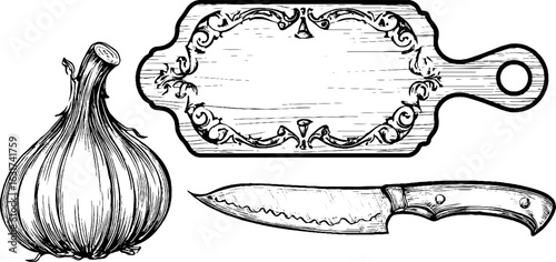 Vintage culinary sketch of cutting board with knife and onion. Hand drawn engraving in rustic style.