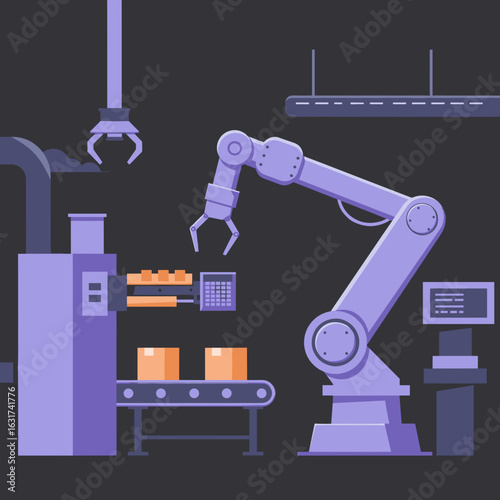 Robotic arm operating in a factory setting with machinery and tools in background