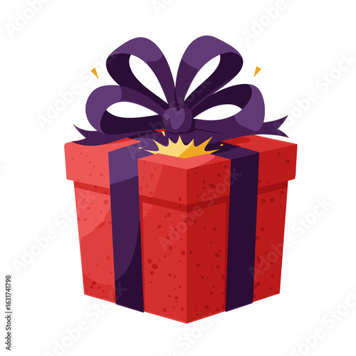 A vibrant red gift box with a purple bow, symbolizing celebration and surprise