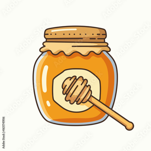A vibrant honey jar with a wooden dipper, set against a light background, showcasing sweetness