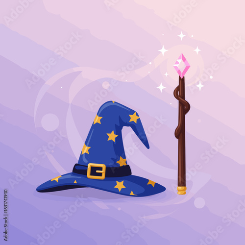 A whimsical wizard in a starry blue cloak stands beside a sparkling staff in a magical realm