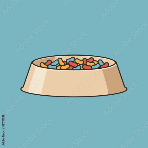 Colorful pet food bowl filled with kibble against a solid blue background