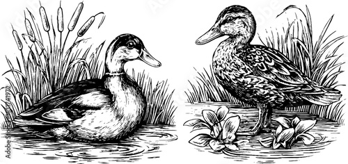 Vintage engraved illustration of ducks and pond scene for nature-themed design