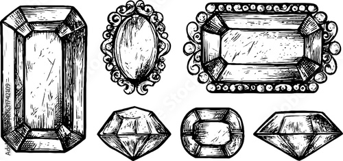 Vintage engraving of emerald and cushion cut gemstones for retro design projects