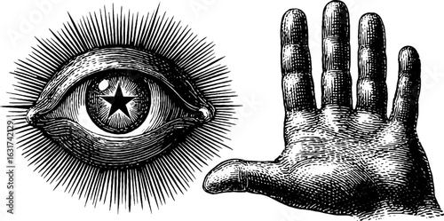 Vintage engraving of eye with star and open hand illustration for design
