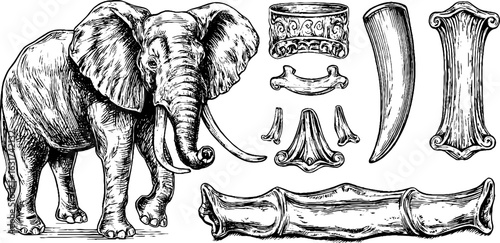 Vintage engraved elephant and tusk illustration set for design and decoration