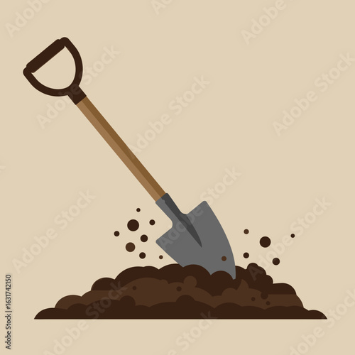 A close-up of a shovel resting on the ground with dirt, symbolizing outdoor work