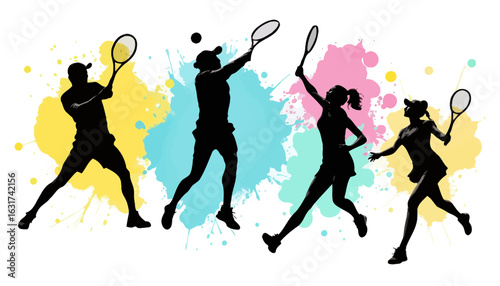 Dynamic silhouettes of male and female tennis players in action against a vibrant watercolor splash background, conveying energy and sport.