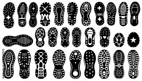 A collection of various shoe sole treads in a black and white vector illustration, perfect for design elements, patterns, or representing footwear and athletic concepts.