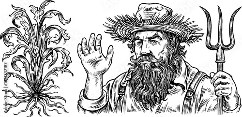 Engraved illustration set of farmer with pitchfork and corn plant for vintage design