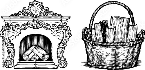 Vintage fireplace and mantel sketch with wood basket engraving art for retro design