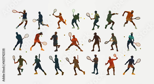A dynamic collection of diverse tennis player silhouettes in various action poses, perfect for sports-related graphic design and digital projects.