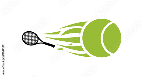A dynamic graphic illustration depicts a bright green tennis ball in rapid motion, struck by a black tennis racket, isolated on a clean white background.