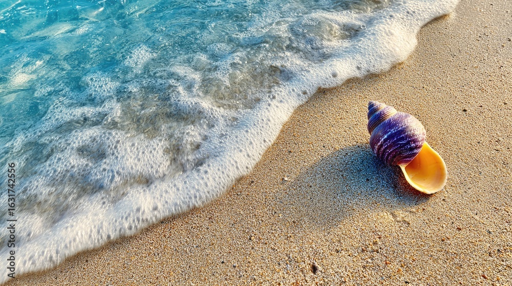 Seashell on the beach beside a gentle wave. Seashell on the beach beside a gentle wave.