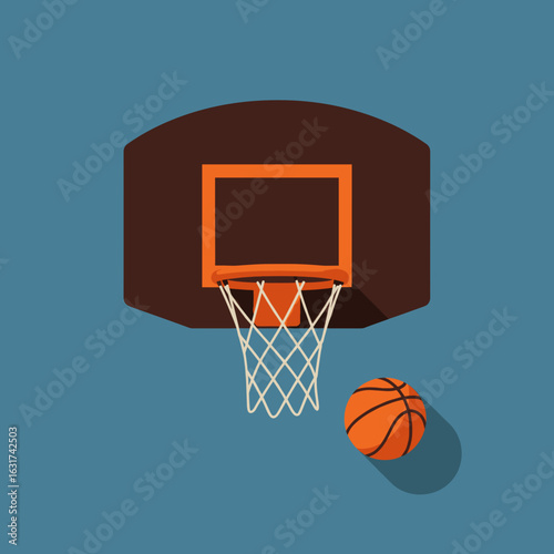 A basketball hoop against a blue background, symbolizing sports and recreation