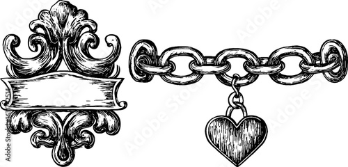 Vintage engraved set of gold bracelets with heart pendant for design and decoration