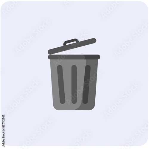 A clean, modern trash bin with a lid, placed in an urban setting with greenery in the background
