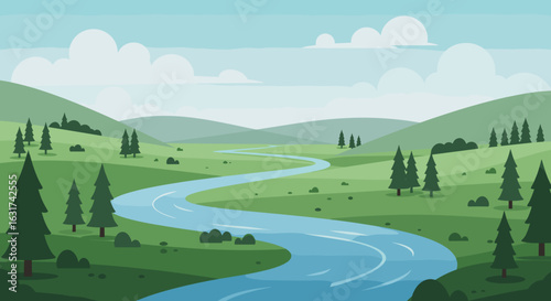 Serene river winding through lush green hills under a bright blue sky