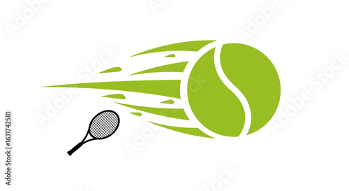 Dynamic vector illustration of a tennis ball in motion with racket, showcasing speed and action, ideal for sports-themed designs and promotional materials.