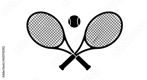 A black and white vector illustration depicts two crossed tennis rackets with a tennis ball positioned in the center, set against a clean white background.