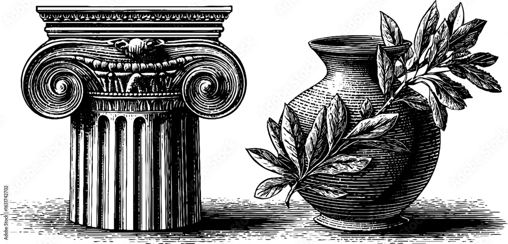 Fototapeta premium Vintage greek column and laurel vase engraving for classic design projects
