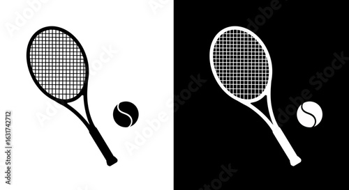 High-quality vector PNG image of a tennis racket and ball, perfect for sports-themed designs, websites, or print projects.  The clean, minimalist style is versatile and easily adaptable to various
