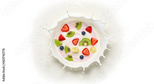 Yogurt parfait with fresh fruits in milk splash