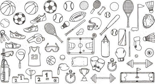A diverse collection of hand-drawn sports equipment and accessories, perfect for athletic themes and graphic design projects.