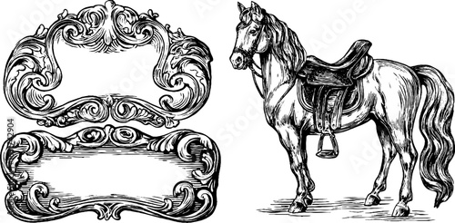 Vintage engraved illustration of horse with saddle and ornate frames for design