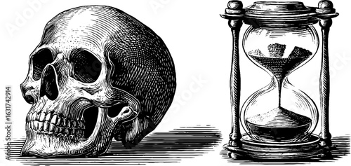 Vintage engraved illustration set of skull and hourglass for retro design projects