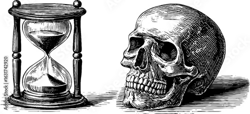 Vintage engraved illustration of hourglass and skull silhouette for retro design