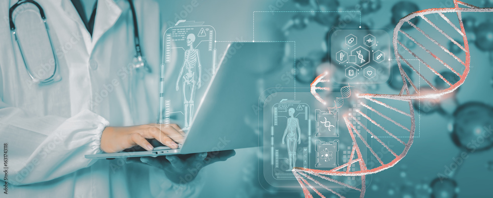 Εκτύπωση καμβά Digital healthcare innovation blends AI and genomics as a doctor uses a laptop displaying a smart DNA interface with virtual diagnostics, symbolizing precision medicine and bioinformatics analysis